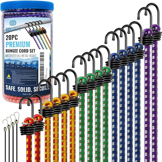GOEASY0312 Premium Bungee Cords Heavy Duty - 20 pcs Bungee Cords with Hooks in A Storage Jar Includes 10", 18", 24", 30", 36", 48" Bungie Cord Bundle