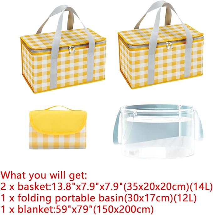 14L and 36L Picnic Basket with 7.9x7.9in Blankett for Couples, 4-6,Insulated Grocery Collapsible Cooler Bags with Handles, Camping Gear Accessories, Tailgating Essentials for Family,Summer Gift, Small