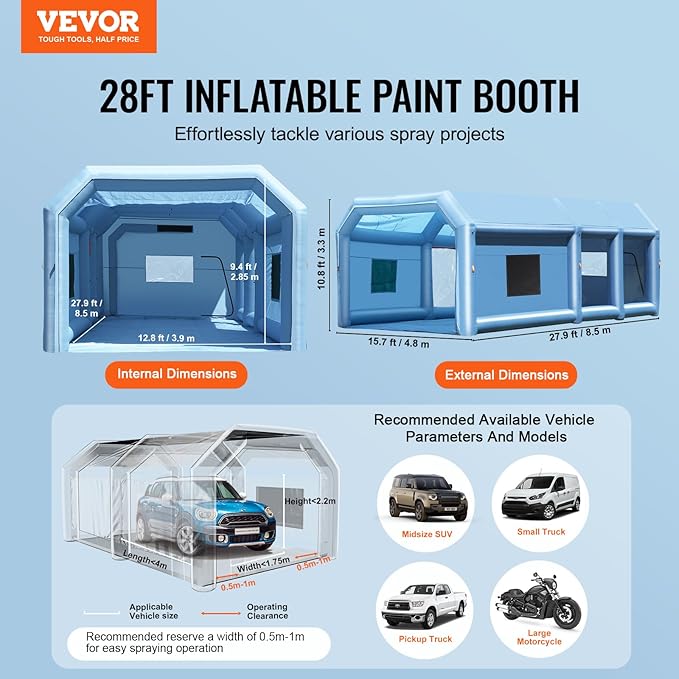 VEVOR Inflatable Paint Booth, 27.9 x 15.7 x 10.8 ft Inflatable Spray Booth, Portable Car Paint Booth for Small Truck, with 950W+750W Powerful Blowers and Air Filter System, Large Motorcycle, Midsize S