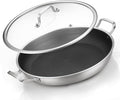 Tri-Ply Stainless Steel Paella Pan Large Saute Pan with Lid (Stainless Steel, Hybrid 12INCH)
