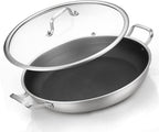 Tri-Ply Stainless Steel Paella Pan Large Saute Pan with Lid (Stainless Steel, Hybrid 12INCH)