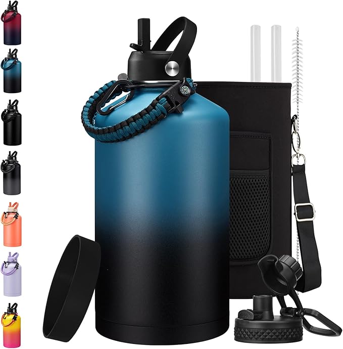 BENZZO 128 oz Insulated Water Bottle with Carrier Bag, 1 Gallon Metal Water Jug Keep Cold-48H Hot-24H, Giant Water Jug with Straw Lid & Spout Lid, Paracord Handle, Gallon Water Canteen for Work