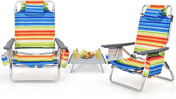 Tangkula Backpack Beach Chair with Table, 5-Position Lay Flat Beach Chairs with Cooler Bag, 2 Cup Holders, Towel Bar, Lightweight Low Folding Beach Chair with Backpack Straps