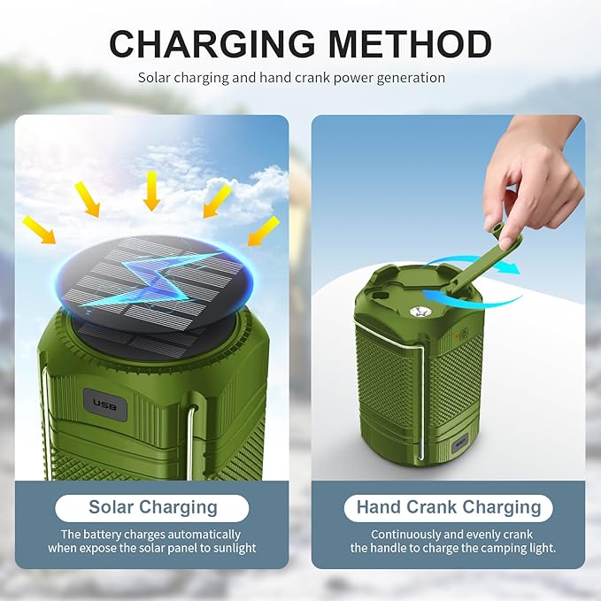 Camping Lantern 5000mAh Solar Hand Crank Telescopic LED Flashlight USB Charger for Power Outages ,Portable Rechargeable Battery Powered Operated Lanterns Lamp, Camping Gear Accessories (Green)