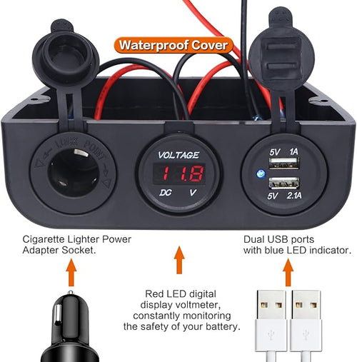 12-24 V Multifunctional 3 Hole Tent Type Car Modification Socket Female Power Outlet Adapter Dual USB Charger Red LED Digital Display Voltmeter Outlet for Automotive Marine Boat