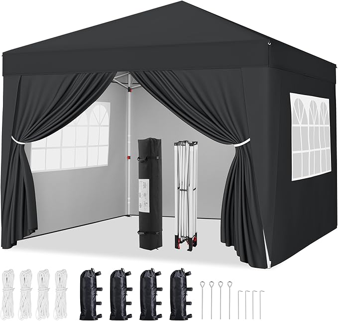 Yaheetech 8x8 Pop Up Canopy with 4 Removable Sidewalls, Portable Enclosed Instant Tent, Waterproof Outdoor Tent, Beach Sun Shelter with 4 Sandbags, 8 Stakes & 4 Ropes, Black