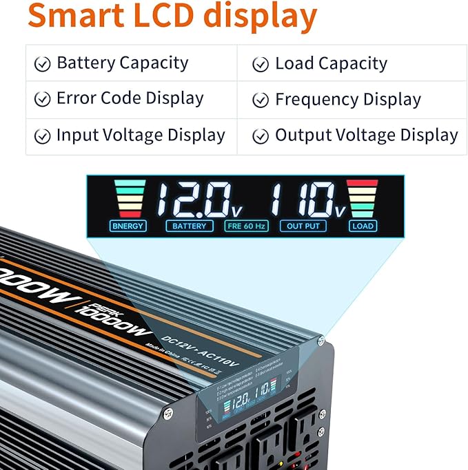 5000 watt Power Inverter DC 12V to AC 110V/120V Converter,10000w Peak.Comes with LCD Display,Wireless Controller, 4AC outlets,1USB.RV Inverter,Suitable for Camping,and Off-Grid Solar Inverter Systems