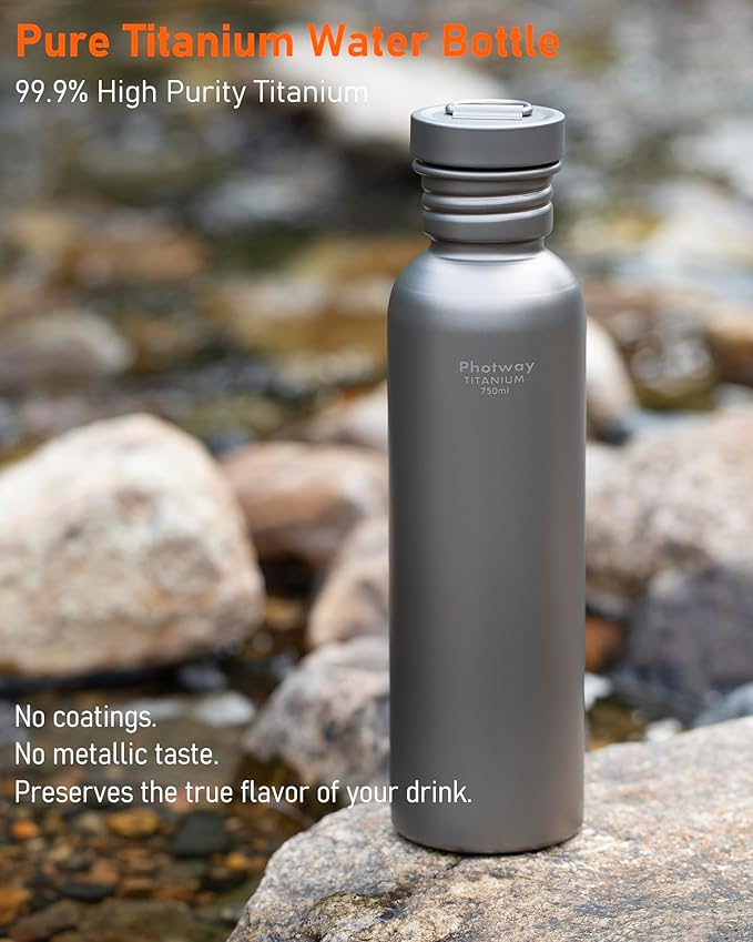 25oz Titanium Water Bottle, Ultralight Single Wall Titanium Flask for Boiling Water, Leakproof Sports Bottle for Camping, Hiking, Cycling & Outdoor Use