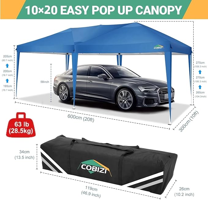COBIZI Canopy 10x20 Pop Up Canopy with 6 Sidewalls,Waterproof Canopy Outdoor Event Shelter UPF 50+ Gazebo Tents for Parties Beach Camping Wedding Commercial Instant Easy up Canopy 10x20,Blue