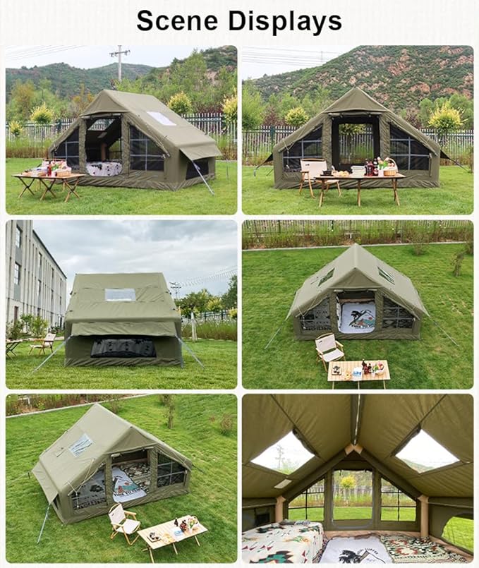 Large Luxury Inflatable Camping Tent Cotton Canvas Tent, Breathable and Waterproof Air Tent with Skylight and Stove Jack Hole for for 4-6-8-10 Person Family Camping