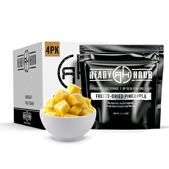 Ready Hour Freeze-Dried Pineapple Case Pack – Emergency Snack, Tropical Fruit, Long-Term Storage, Bulk Survival Food, Prepper Pantry Essential – 32 Servings (4 Pouches)