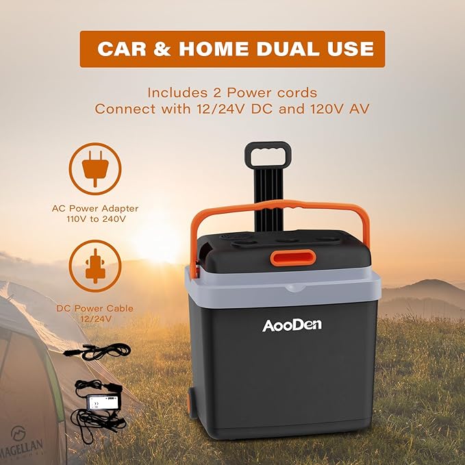 Electric Car Cooler and Warmer 35 Quart(33 Liter) Capacity with Draw bar and Wheels, Thermoelectric Iceless Cooler for Travel, Camping, Vehicles, Truck, Home - 12V DC and 120V AC