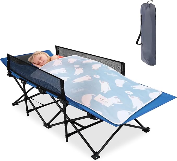 REDCAMP Kids Cot for Sleeping 2-7 Years, Portable Travel Toddler Cot Bed with Guardrail, Lightweight for Outdoor Indoor Home, Blue