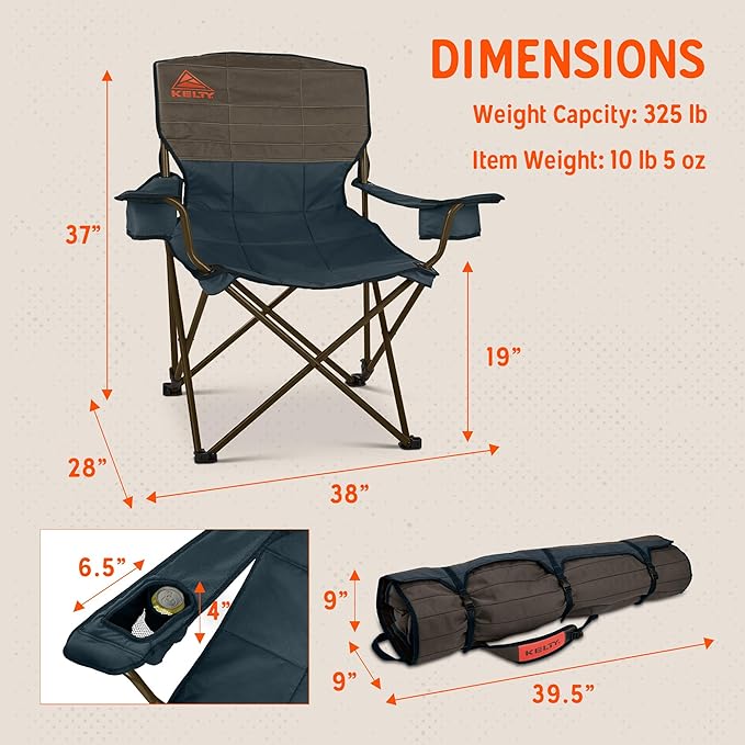 Kelty Deluxe Lounge Chair – Folding Outdoor Camp Chair, Insulated Cupholders, Customized Recline, Steel Frame, Padded Roll Storage, 2024 (Deep Lake)
