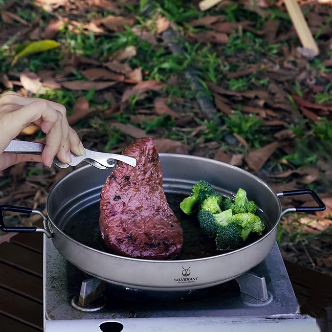 SILVERANT Camping Plate Titanium Pan Dish Plate with Handle & Mesh Bag, Large Reuseable Ultralight Dinner Plate for Camping Outdoors Backpacking (1500ML)