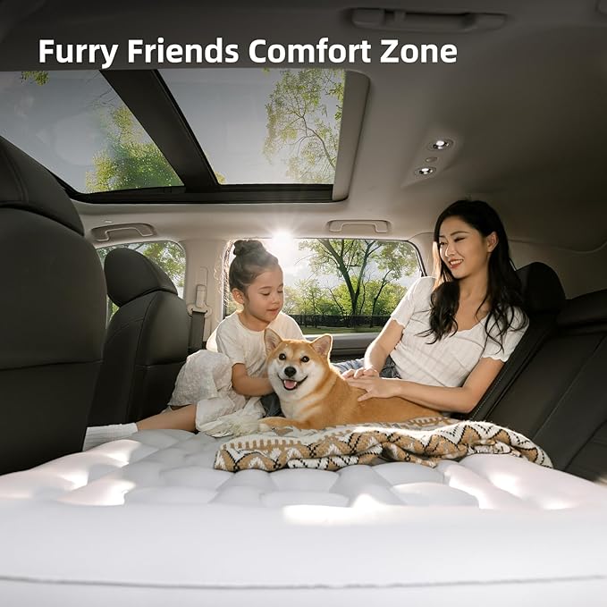 Car Back Seat Air Mattress - Universal Fit SUV/Sedan, Inflatable Camping Mattress with Built-in Pump & Air Support Column, Portable True Flat Gap-Filling Car Bed for Sleeping Roadtrip Travel