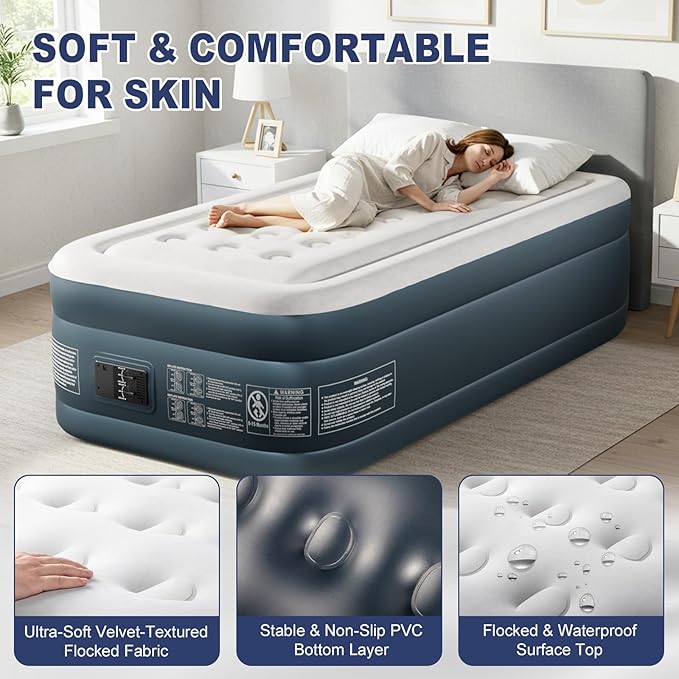 Outvita 18in Twin Air Mattress with Built-in Pump, Quick Assembly Comfort Luxury Blow Up Air Bed Self-Inflation/Deflation - Breathable and Flatness-Free for Guests and Home, Camping, Travel