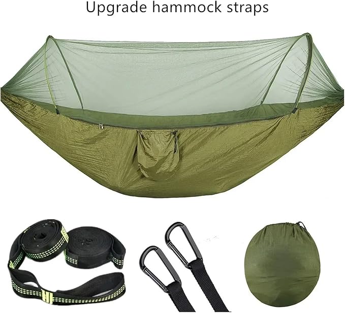 Compatible For Camping Hammock With Mosquito Net Pop-Up Light Portable Outdoor Parachute Hammocks Swing Sleeping Hammock Camping Stuff(Army Green-6 rings)