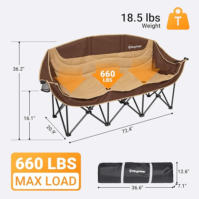 KingCamp 3 Person Camping Chair, Oversized 660lbs Heavy Duty Loveseat for Adults Portable Folding XL 2 Person Couch Padded Comfortable Three Seat with Cup Holder for Outdoor Lawn, Khaki/Coffee