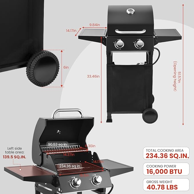 2-Burner Gas Grill with 234 SQ.IN. Outdoor Grill with 16,000 BTU,Propane Grills with Top Cover Lid,Grills Outdoor Cooking for Patios,Camping,Balcony-Q039
