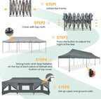 COBIZI 10x30 Pop Up Heavy Duty Canopy with 8 Sidewalls and Hexagonal Legs, Easy up Tent for Party, Wedding and Commercial, Outdoor Canopy with Roller Bag, Sand Bags, Waterproof & UPF50+ (Gray)