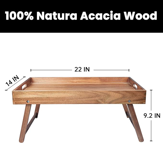 Extra Large Folding Bed Tray Table, 22’’ x 14’’ Acacia Wood Breakfast Tray, Food Serving Tray with Legs for Eating in Bed