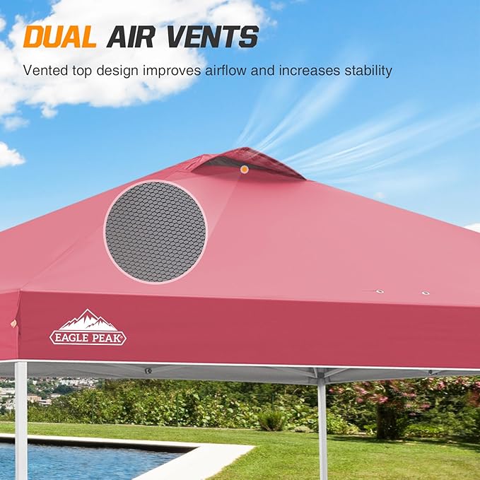 EAGLE PEAK Pop Up Canopy Tent with Wheeled Carry Bag, 8 Stakes, 4 Ropes, 4 Weight Bags, Easy Set Up Tent Canopy, 10x10 ft, 100sqft of Shade, Peach Pink
