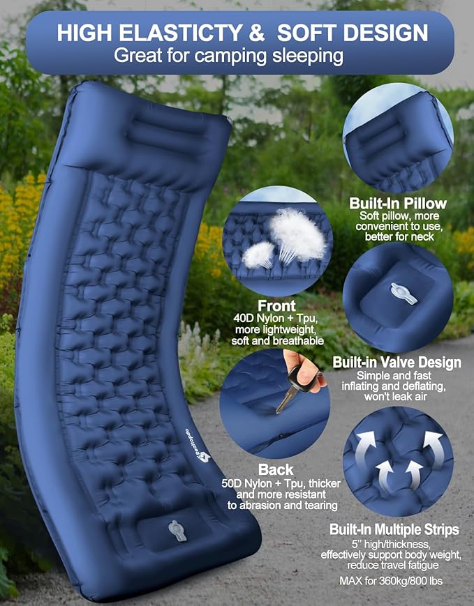 Extra Thick 5 Inch Sleeping Pad - Self Inflating Sleeping Pad with Pillow, Camping Mattress Pad with Foot Pump, Sleeping Pad Mat for Backpacking, Hiking, Traveling (Blue)