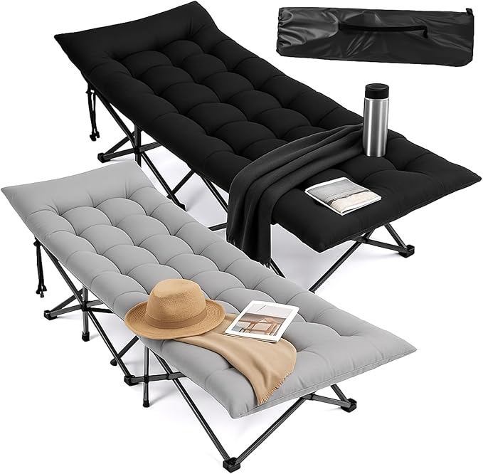 VINGLI Folding Camping Cot Bed,Camping Cots for Adults with Mattress, Cots for Sleeping with Pillow 1200D Layer Oxford for for Guest-Grey & Black