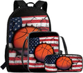 Rnyleeg Basketball Backpack for Kids with Lunchbox American Flag Boys Backpack Set Large Capacity Bookbag Set of 3 for Primary School Back to School Supplies Set
