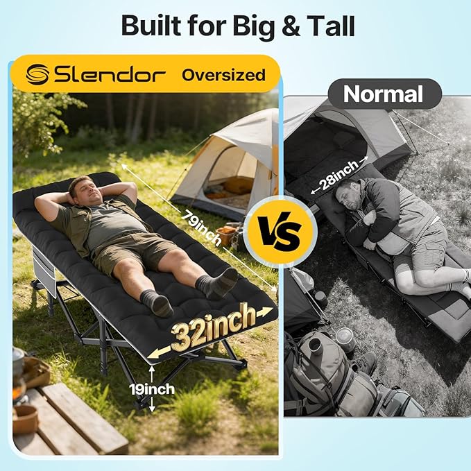 Slendor XXL Folding Camping Cot for Adults with Mattress Pillow Carry Bag, 32 inch Extra Wide Portable Sleeping Cot, 900LBS Support Outdoor Cot Bed for Office Nap Beach Travel RV
