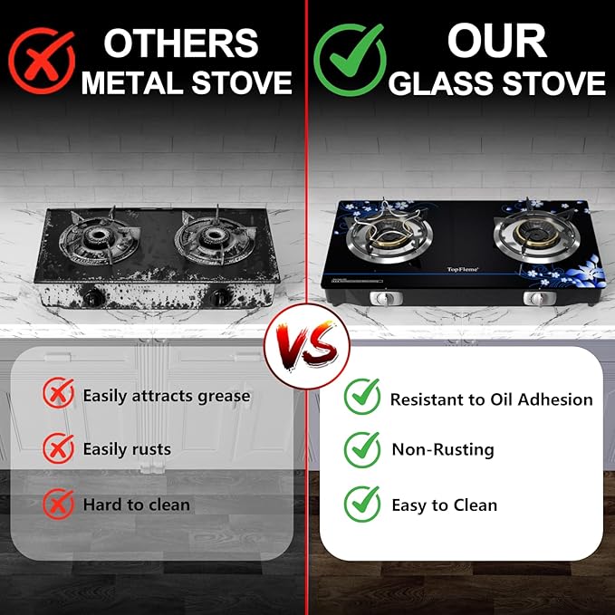 2 Burner Propane Stove 27,200 BTU High-Efficiency Tempered Glass Auto-Ignition Gas Burner Stove Top with CSA Hose for Outdoor RV Camping Emergency Cooking