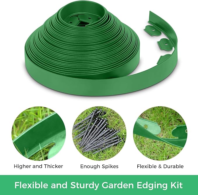2-Inch x 50 FT Landscape Edging Border with 75 Spikes, Garden Edging Border Lawn Edging Border, Plastic Edging Border Flexible for Garden Flower Beds Lawn Yard Paver Pathway (Green)