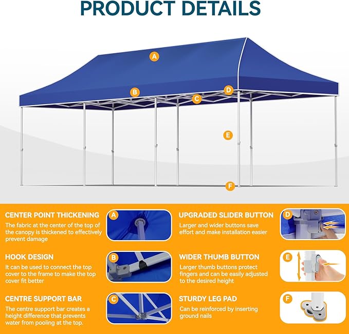 Hoteel 10x30 Pop Up Canopy Tent Heavy Duty with 8 Sidewalls, Waterproof Party Tent, Easy Set-up Commercial Instant Tents with Hand Bag, Rope & Nail, Hexagonal Leg (1-Year Warranty)