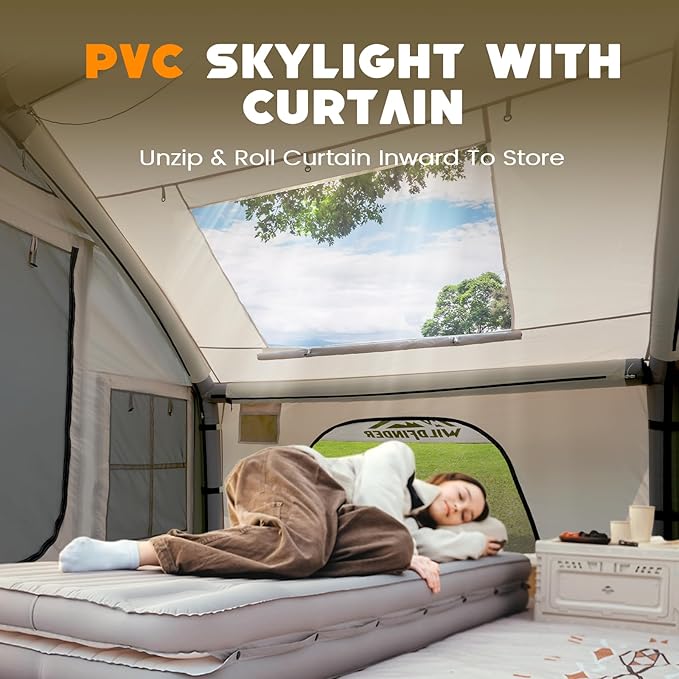 Inflatable Tent with Skylight, Quick Setup Blow Up Tents with Pump, Hot Tent with Stove Jack, Waterproof Oxford Inflatable House for Camping, Air Glamping Tents for Camping Adult 4-6 Person