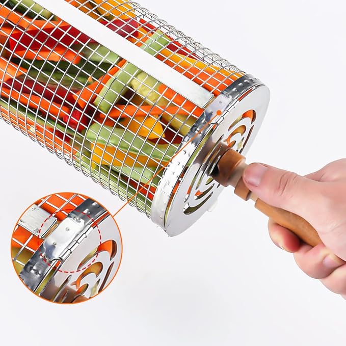 Rolling Grill Baskets (2PCS), Removable Wooden Handle, 304 Stainless Steel, Nesting Grilling Net, BBQ Accessories Tools for Vegetable Shrimp, Outdoor Cooking Camping, Birthday Gifts for Men/Dad/Husband