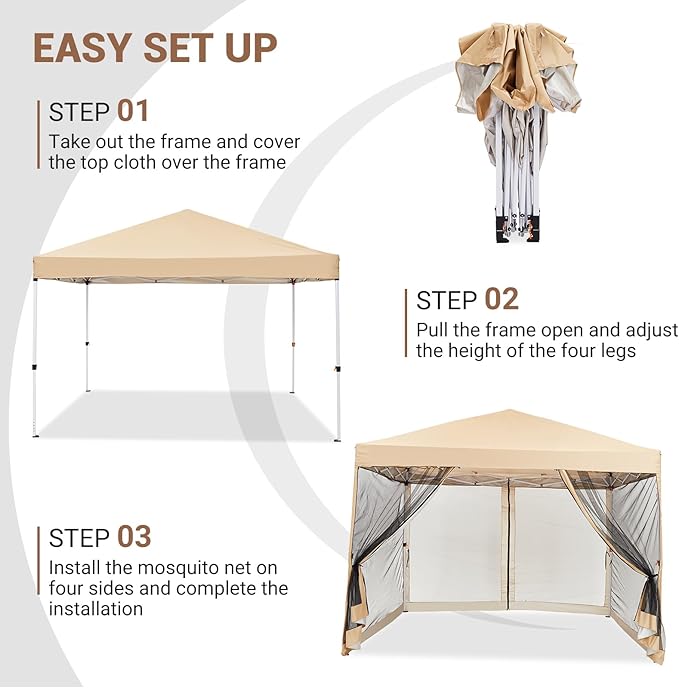 CABIHOME Quick Setup Pop Up Canopy Tent 10x10ft – Waterproof Outdoor Gazebo Shelter with Mesh Sidewalls & Mosquito Netting, Portable Folding Tent for Camping, Patio, Backyard, Events