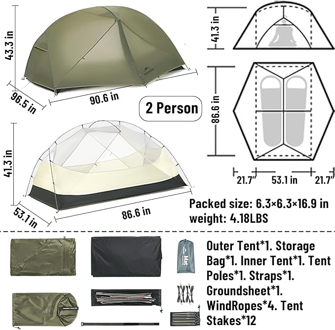 Naturehike 2025 Mongar Pro/Base Camping Tent, 1-3 Person Ultralight Backpacking Tent, 20D Nylon 3 Season Waterproof Mongar 2 Person Hiking Tent for Backpacker, Trip, Solo Camping