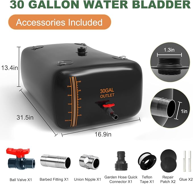 30 Gallon Water Storage Bladder - 1000D PVC Black RV Water Bladder, Portable Collapsible Storage Tank Containers for Gardens, Camping, Emergency Use