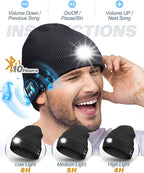 Bluetooth Beanie with Light, USB Rechargeable LED Headlamp Winter Hat, Men Women Valentine's Day Gifts