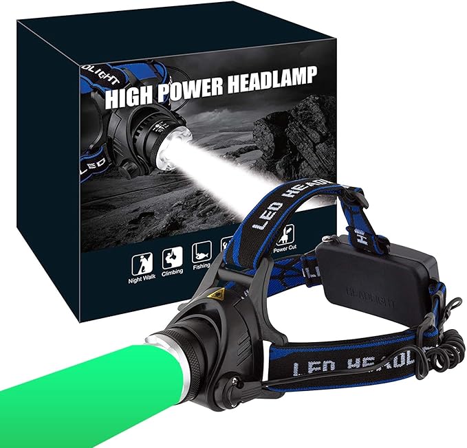 GRACETOP Greenlight LED Headlamp, 1800 Lumens Zoomable Hunting LED Head lamp Flashlight, Hands-Free Headlight Torch Lamp for Hunting Hiking Camping Fishing Reading Running