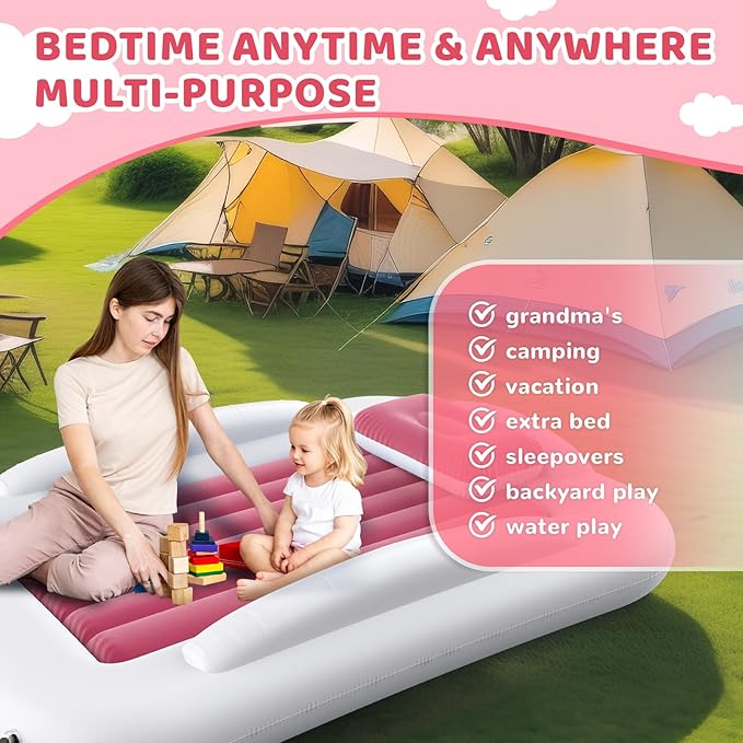 Inflatable Toddler Travel Bed - 60 Inches Portable Toddler Bed for Travel with Safety Sides - Cozy Kids Air Mattress Set with High-Speed Pump & Carry Case - Lightweight & Easy to Inflate(Pink)