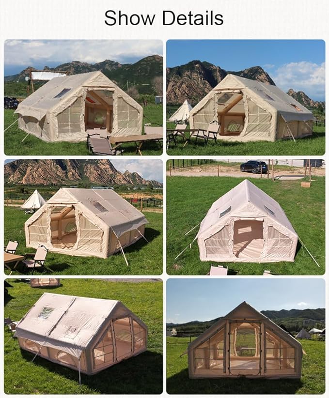 Large Luxury Inflatable Camping Tent Cotton Canvas Tent, Breathable and Waterproof Air Tent with Skylight and Stove Jack Hole for for 4-6-8-10 Person Family Camping