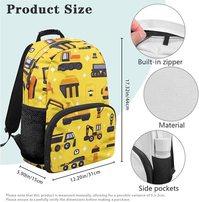 Excavator Backpack with Lunch 2Nd Grade Backpack Boys Lightweight Trendy Kids Bookbag with Lunch Box Boys 4 Piece School Bag for Boys 7-8 Daypack Travel Hiking Outing Camping