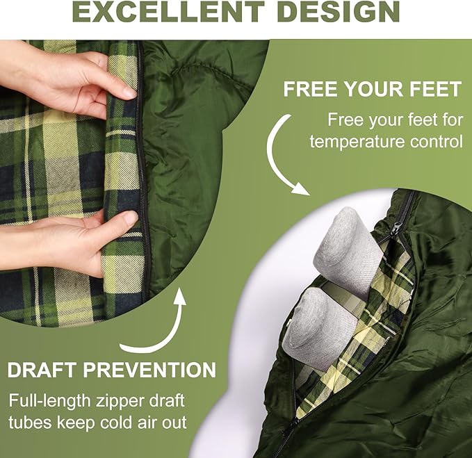 XL Queen Size 2 Person Double Sleeping Bag for Adults, Lightweight Compact with Flannel Liner & Thermolock Draft Tube, Machine Washable All Season Camping Travel