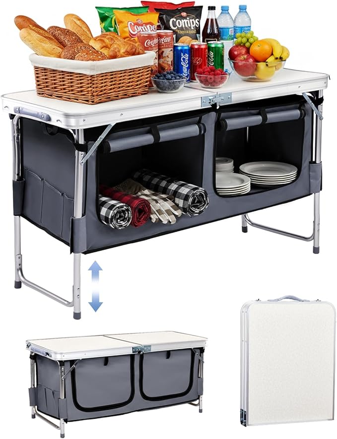 Outvita Folding Table, 4FT Aluminum Camping Table with Large Storage Space and Adjustable Height Picnic Table Lightweight for Carring Outdoor Party Events Beach