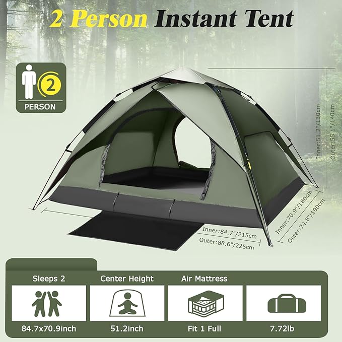 2-3 Person Camping Tent, Instant Pop Up Tents for Camping - 40s Automatic Easy Setup Tent with Rainfly, Double-Layer 3500mm Waterproof & Windproof Instant Tents for Hiking Backpacking