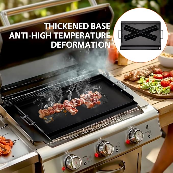 LotFun 30" x 15" Carbon Steel Cooking Griddle for Outdoor Gas Grill, Universal Griddle Flat Top Plate Insert with Grease Groove and Removable Handles for Electric/Charcoal/Gas Grill, Camping,Party
