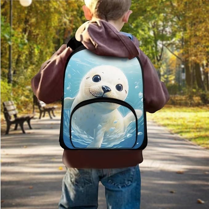 Kids 3 in 1 School Bag Set Sea Otter School Backpacks 12 Inch Schoolbag for Elementary Kindergarten School Animal Print Bookbag with Lunch Box and Pencil Case