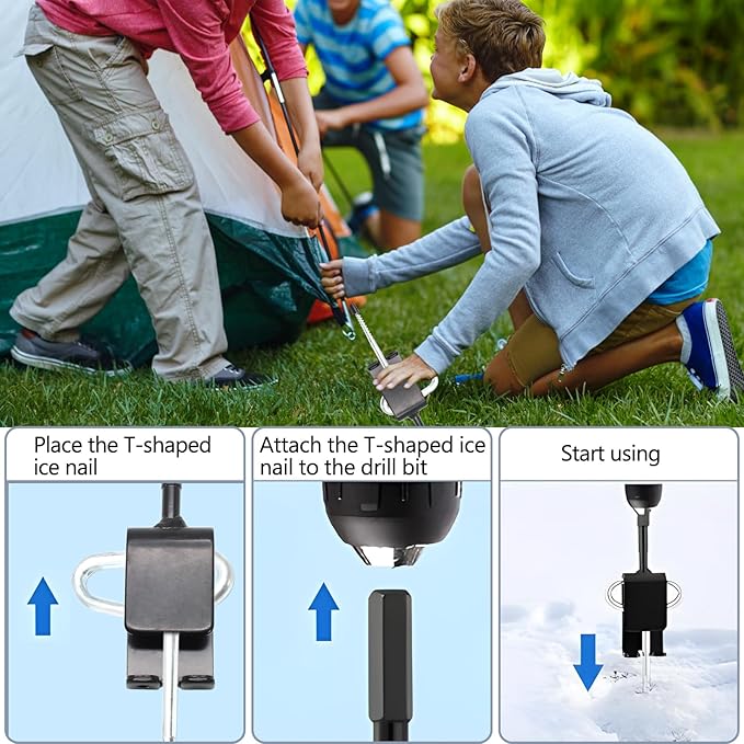Universal Ice Anchor Tool Ice Anchor Drill Adapter Kit, 1 Ice Fishing Shelter Stake Nail 1/4" Adapter, Ice Fishing Accessories and Equipment, Ice Shanty Anchors for Ice Fishing Shelter Tent